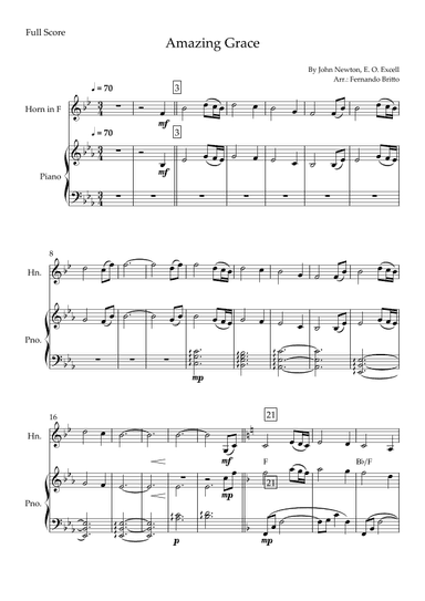 Amazing Grace (John Newton, E. O. Excell) for Horn in F Solo and Piano Accompaniment with Chords (arr. Fernando Britto)