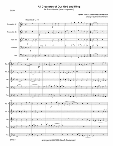 ALL CREATURES OF OUR GOD AND KING - BRASS QUINTET (unaccompanied) (arr. Glen Poehlmann)