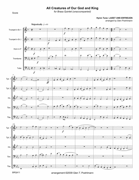 ALL CREATURES OF OUR GOD AND KING - BRASS QUINTET (unaccompanied) (arr. Glen Poehlmann)