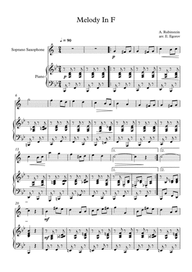 Melody In F, Anton Rubinstein, For Soprano Saxophone & Piano (arr. Eugene Egorov)