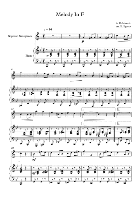 Melody In F, Anton Rubinstein, For Soprano Saxophone & Piano (arr. Eugene Egorov)