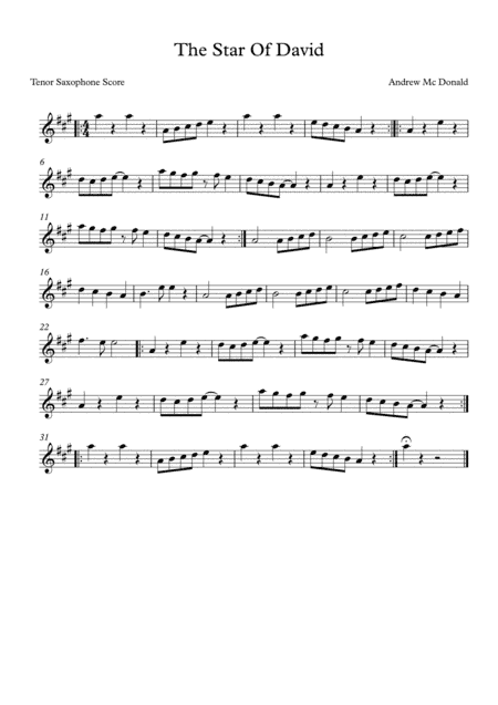 The Star Of David Bb Tenor Saxophone Score