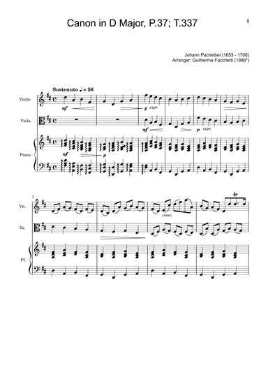 Johann Pachelbel - Canon in D Major, P.37; T.337. Arrangement for Violin, Viola and Piano. (arr. Guilherme Facchetti)