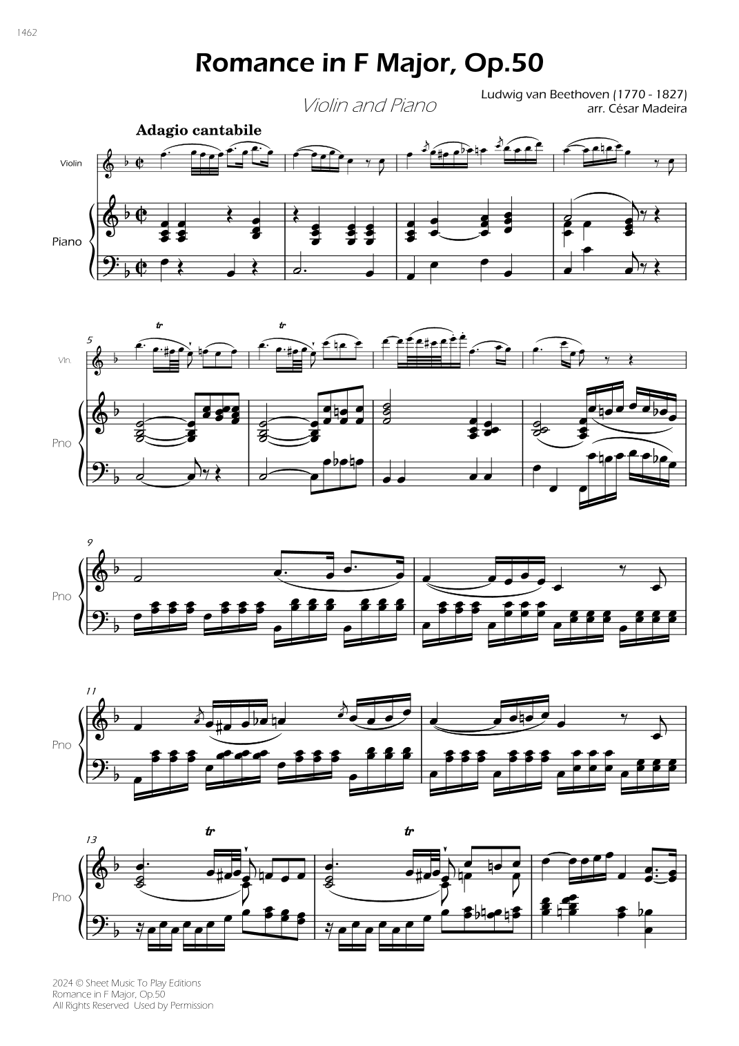 Romance in F Major, Op.50 - Violin and Piano (Full Score) (arr. César Madeira)