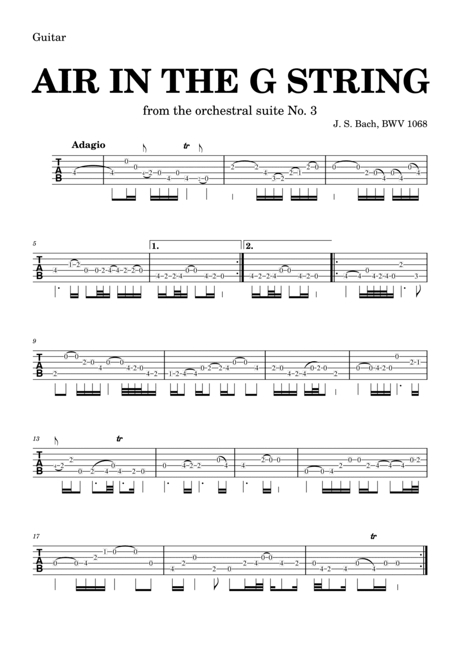 Air on the G string in D, BWV 1068 (accompanied) - GUITAR tab (arr. Leyandder Trustworthy)