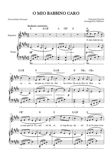 O Mio Babbino Caro | Female Voice Soprano | E Major | Piano accompaniment | Pedal | Chords (arr. Milanov)