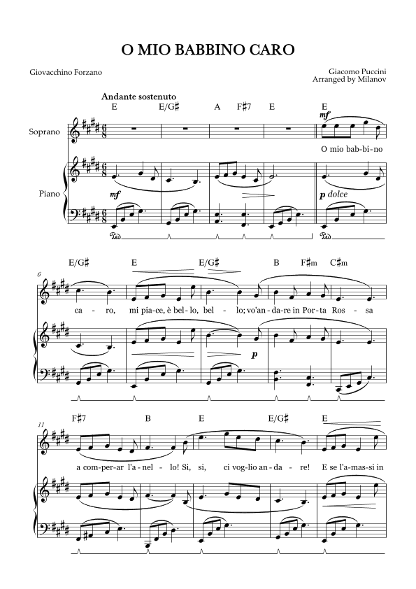 O Mio Babbino Caro | Female Voice Soprano | E Major | Piano accompaniment | Pedal | Chords (arr. Milanov)