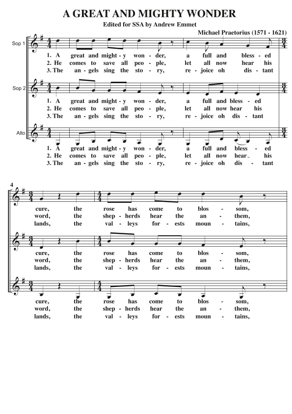 A Great And Mighty Wonder A Cappella SSA (arr. Andrew Emmet)