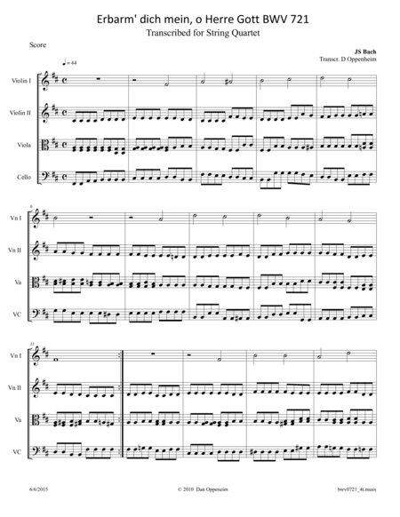 Bach: Erbarm' dich mein, o Herre Gott BWV 721 arr. for String Quartet (arr. D Oppenheim)
