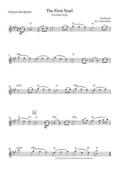 The First Noel (Christmas Song) for Soprano Saxophone Solo with Chords (arr. Fabio Britto)