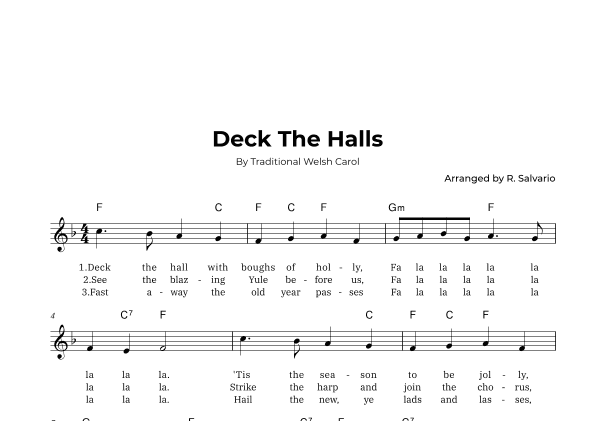 Deck The Halls (Key of F Major) (arr. R. Salvario)