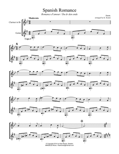 Spanish Romance, Romanza for clarinet in Bb and easy guitar (arr. K. Krantz)