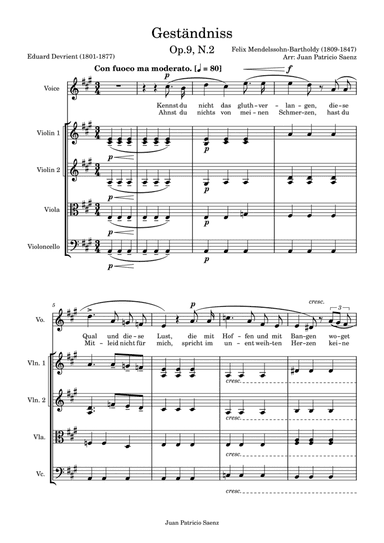 Mendelssohn, F: Geständnis Op.9, N.2 - arrangement for string quartet and High voice (arr. Juan Patricio Saenz)