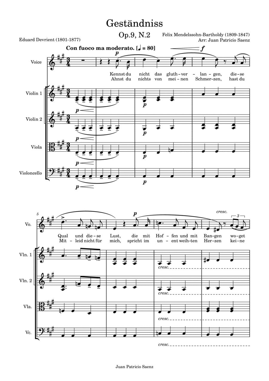 Mendelssohn, F: Geständnis Op.9, N.2 - arrangement for string quartet and High voice (arr. Juan Patricio Saenz)
