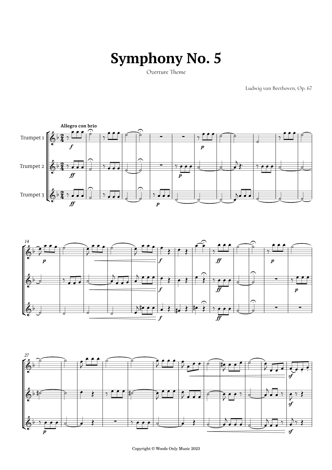 Symphony No. 5 by Beethoven for Trumpet Trio (arr. Ander)