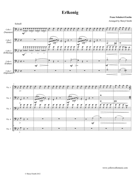 Schubert's Erlkonig for four or five cellos (cello quartet / quintet) (arr. Yellow Cello Music)