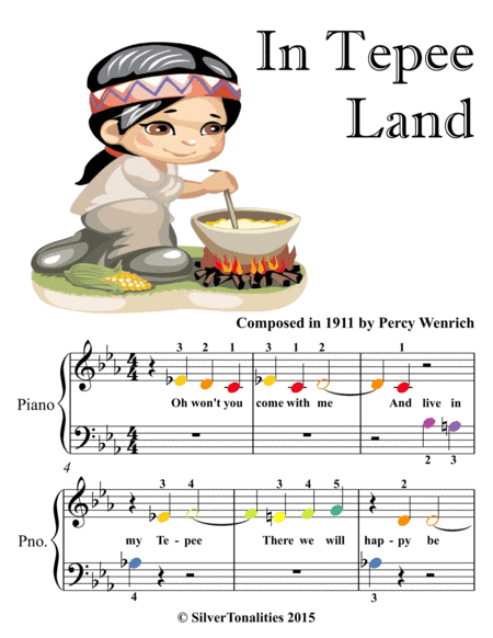 In Tepee Land Beginner Piano Sheet Music with Colored Notes (arr. SilverTonalities)