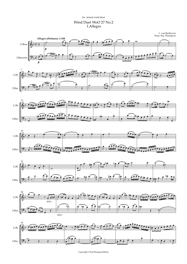 Beethoven: Wind Duet WoO 27 No.2 (Complete) - mixed wind duet (Fl./Ob./Cl./Bs.Cl./C.A./Bsn.) (arr. Ray Thompson)