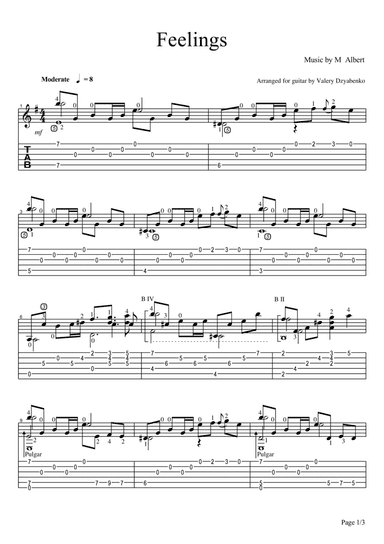 Feelings. Sheet music for classical guitar (arr. Valery Dzyabenko)