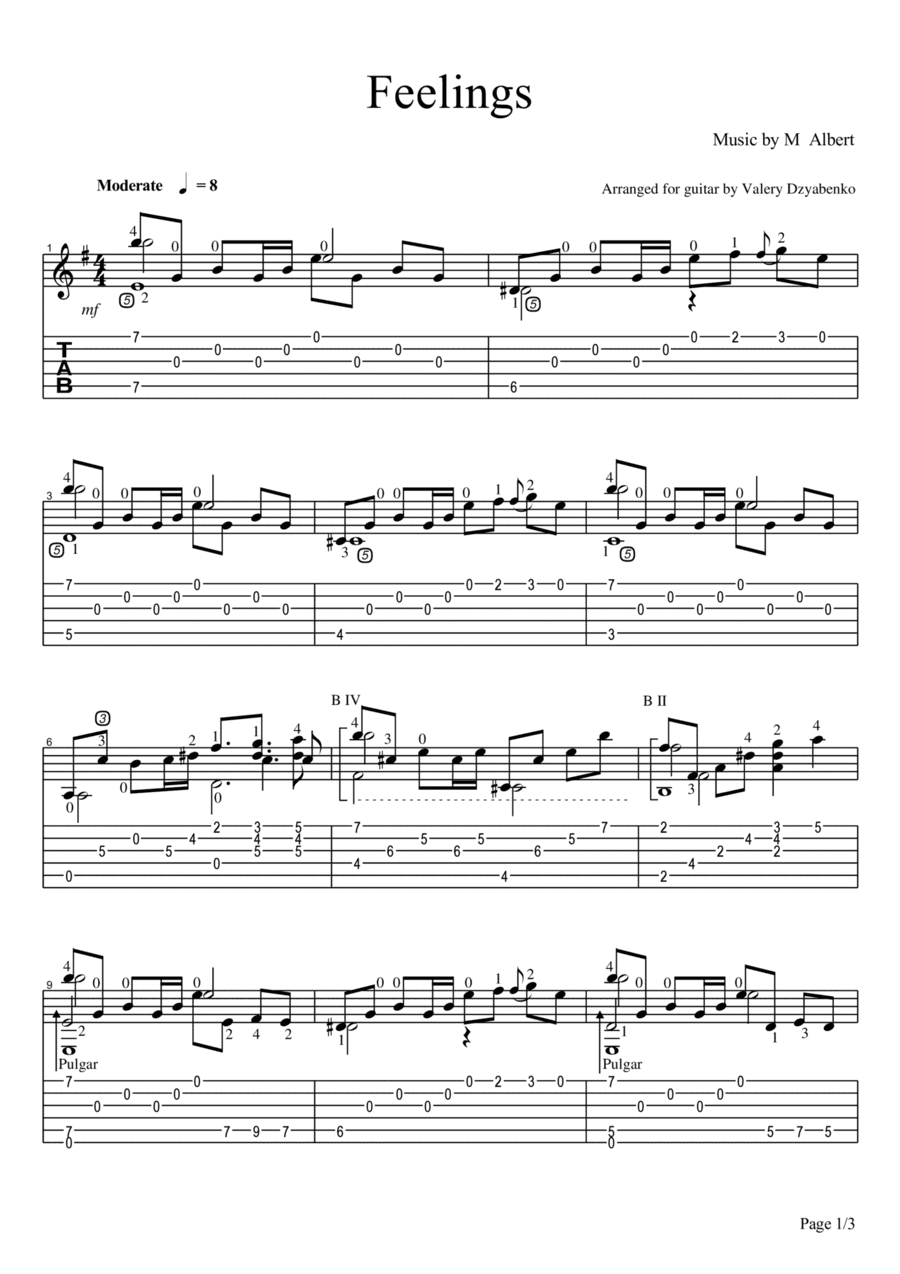 Feelings. Sheet music for classical guitar (arr. Valery Dzyabenko)