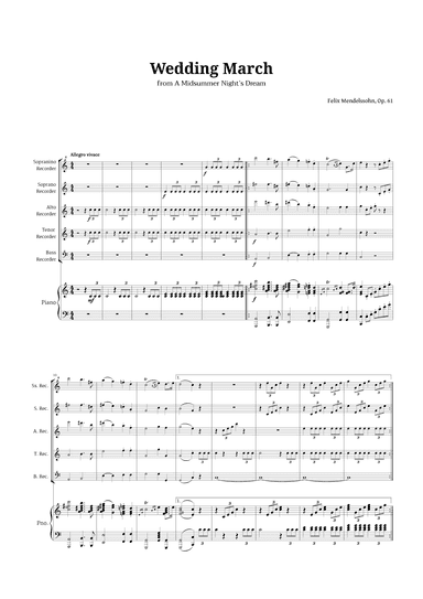 Wedding March by Mendelssohn for Recorder Quintet and Piano (arr. Langanho)