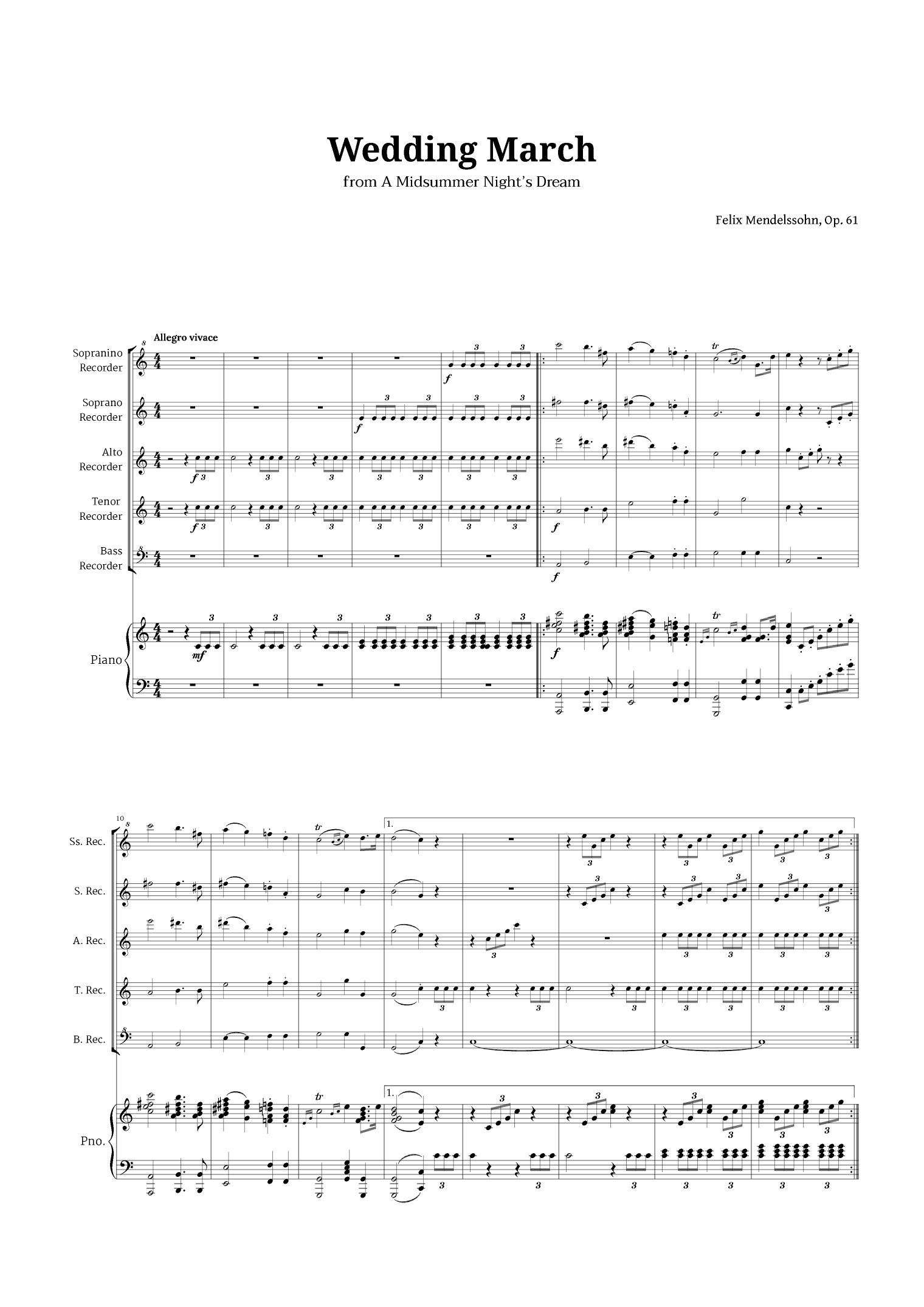 Wedding March by Mendelssohn for Recorder Quintet and Piano (arr. Langanho)