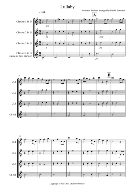 Brahms Lullaby for Clarinet Quartet (arr. David Burndrett)