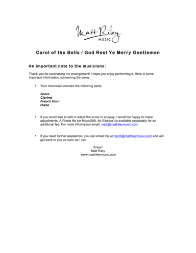 Carol of The Bells / God Rest Ye Merry Gentlemen - Clarinet, French Horn & Piano (arr. www.mattrileymusic.com)