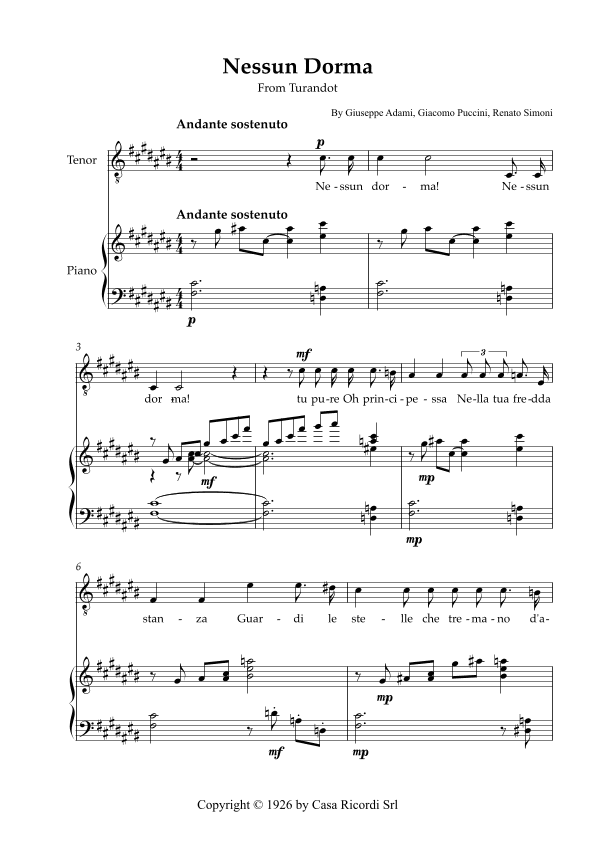 Nessun Dorma - Tenor & Piano (arr. Karen Gueiros)