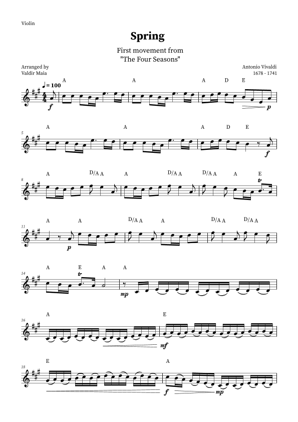 Spring - The Four Seasons for Violin Solo (A Major with chords) (arr. Valdir Maia)