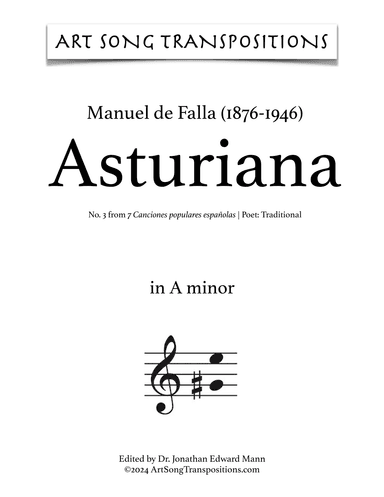 DE FALLA: Asturiana (transposed to E minor, bass clef) (arr. ArtSongTranspositions.com)