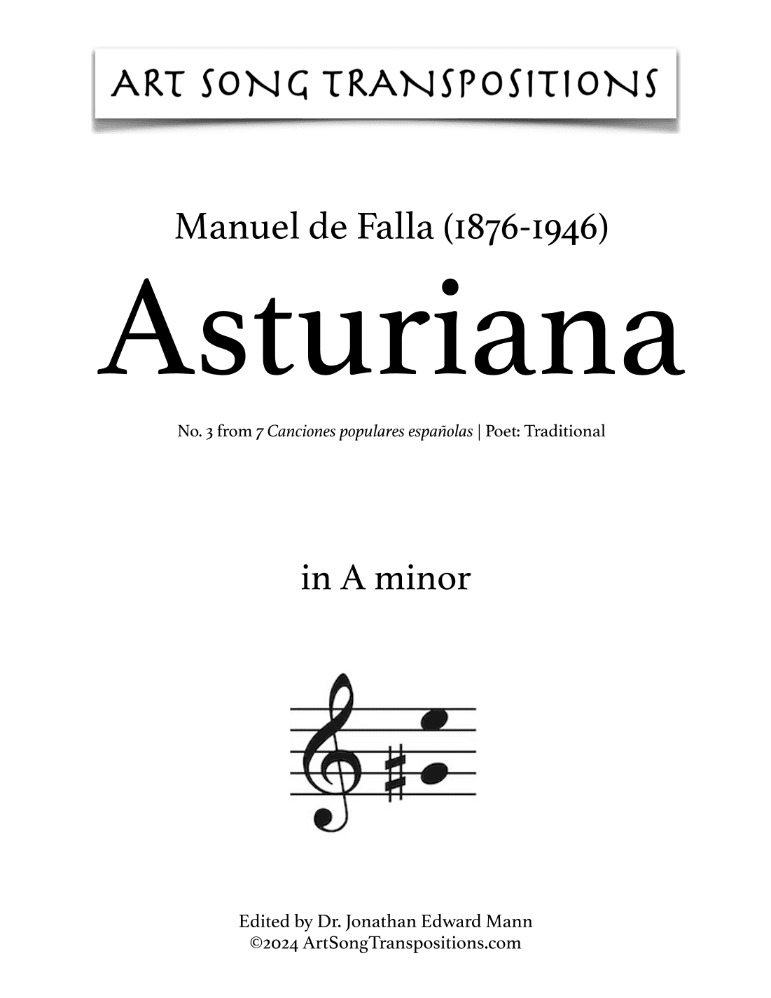 DE FALLA: Asturiana (transposed to E minor, bass clef) (arr. ArtSongTranspositions.com)