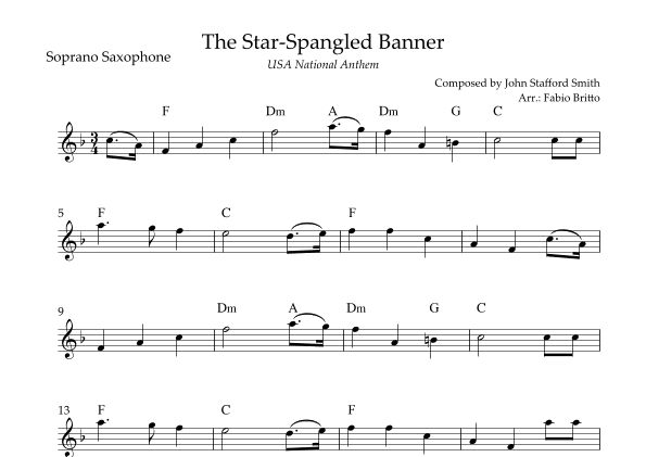 The Star Spangled Banner (USA National Anthem) for Soprano Saxophone Solo with Chords (Eb Major) (arr. Fabio Britto)