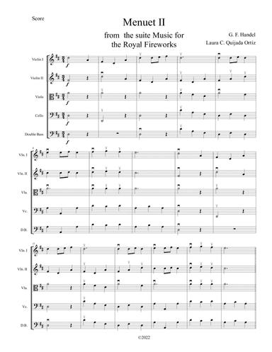 Menuet II from the Music for the Royal Fireworks, early intermediate string orchestra. SCORE & PARTS (arr. Laura C. Quijada Ortíz)