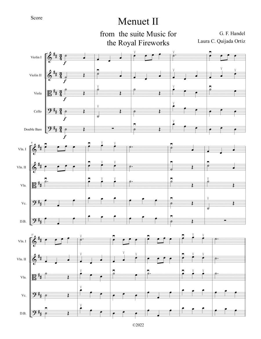 Menuet II from the Music for the Royal Fireworks, early intermediate string orchestra. SCORE & PARTS (arr. Laura C. Quijada Ortíz)