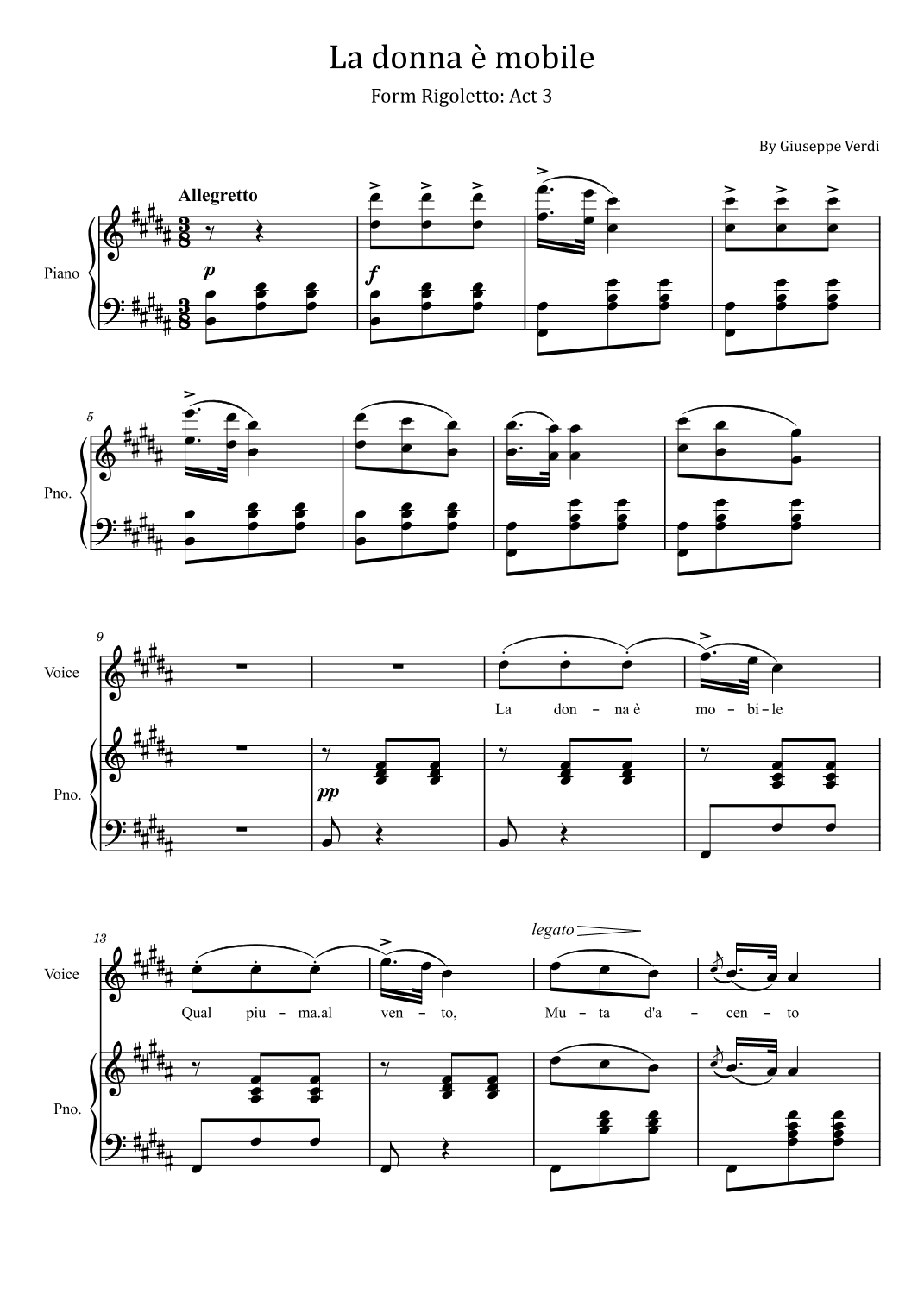 Verdi - La donna è mobile - Rigoletto: Act 3 - For Piano and Voice With Lyrics (arr. poon)