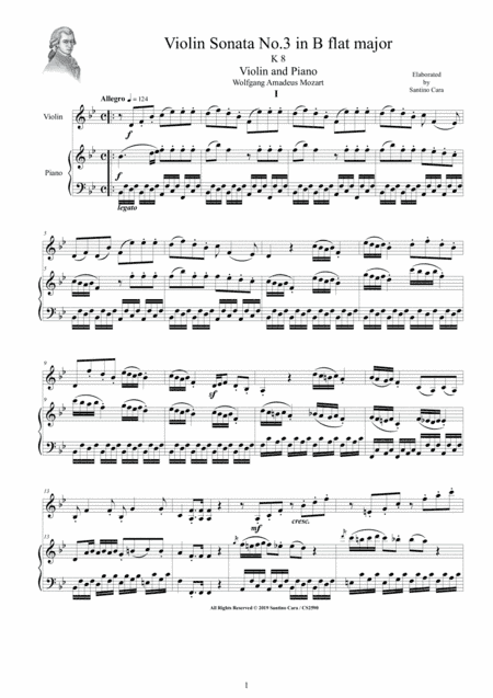 Mozart - Violin Sonata No.3 in B flat major KV 8 for Violin and Piano - Score and Part (arr. Santino Cara)