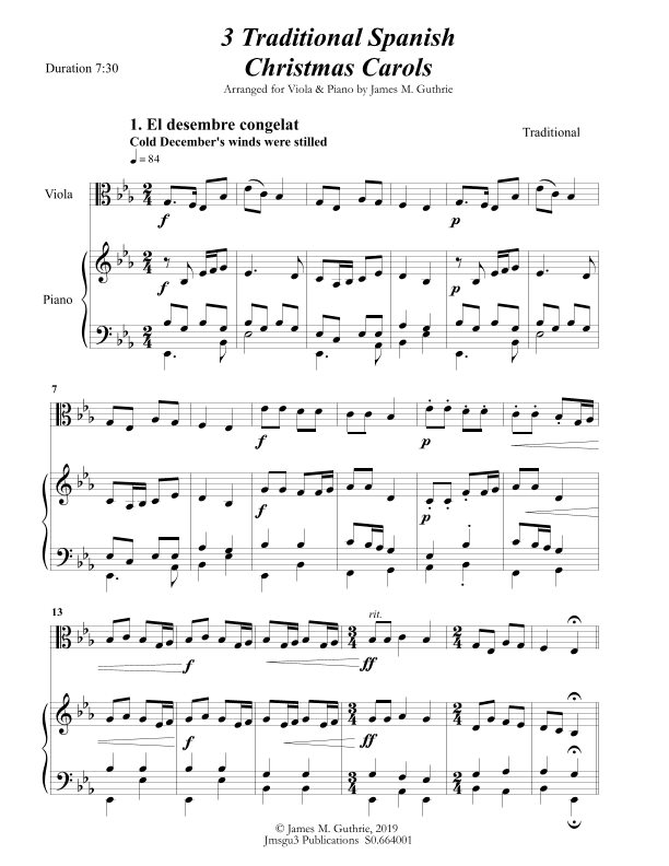 3 Traditional Spanish Christmas Carols for Viola & Piano (arr. James M. Guthrie, ASCAP)