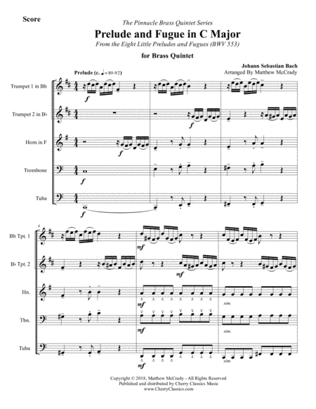 Prelude and Fugue in C BWV 553 for Brass Quintet from "Eight Short Preludes and Fugues" (arr. McCrady, Matthew)
