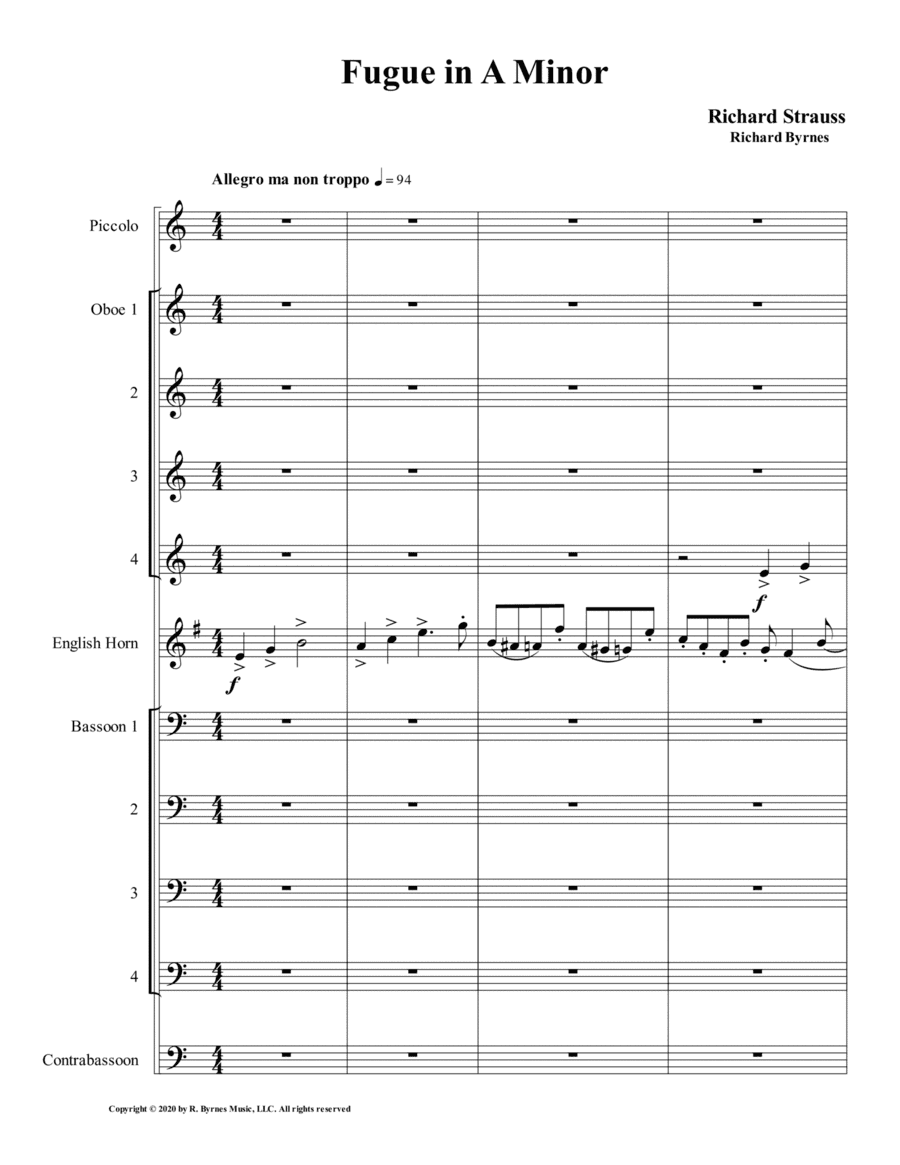 Fugue in A Minor by Richard Strauss for Strauss (Double Reed Choir + Piccolo) (arr. Richard Byrnes)