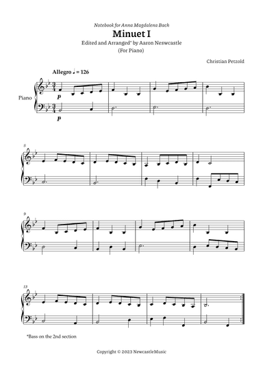 Minuet I Bach, A. M. (Book) |  C. Petzold | Bb Major (#11/12 Keys) — For Piano (arr. Aaron Newcastle)