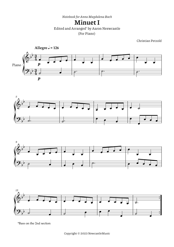 Minuet I Bach, A. M. (Book) |  C. Petzold | Bb Major (#11/12 Keys) — For Piano (arr. Aaron Newcastle)