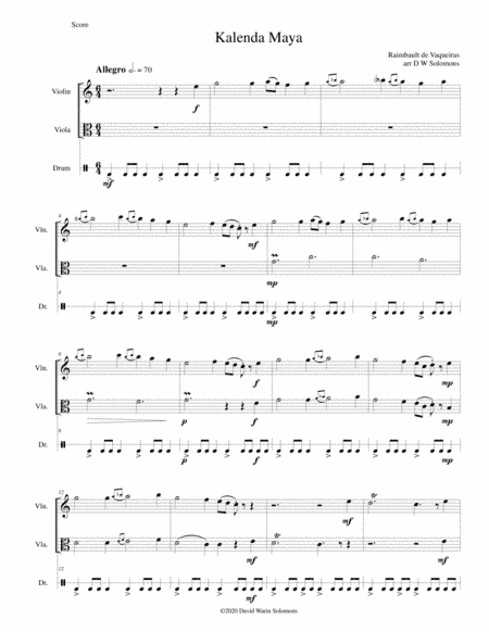 Kalenda Maya for violin, viola and drum (arr. David Warin Solomons)