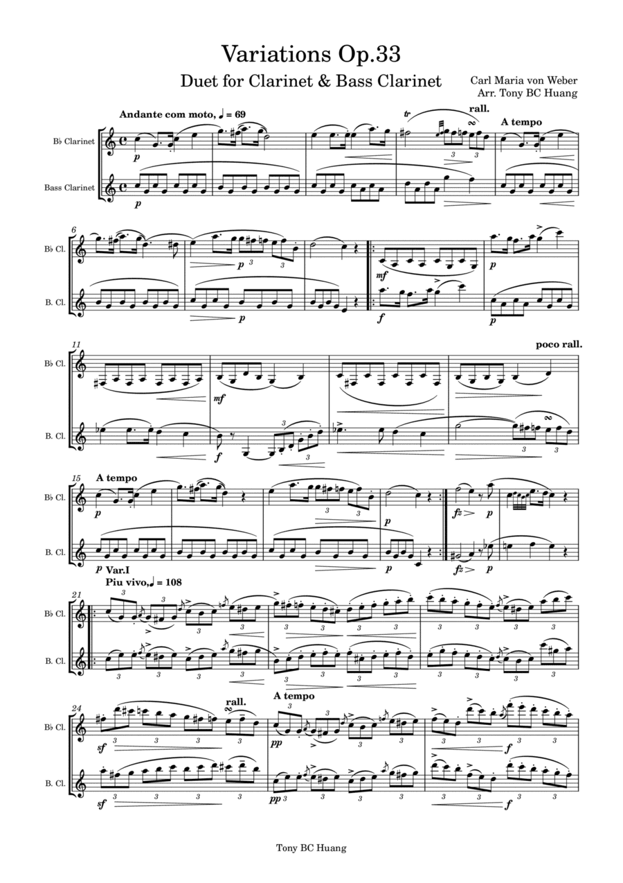 Weber Variations, Op.33 for 2 Clarinets (arr. Tony BC Huang)