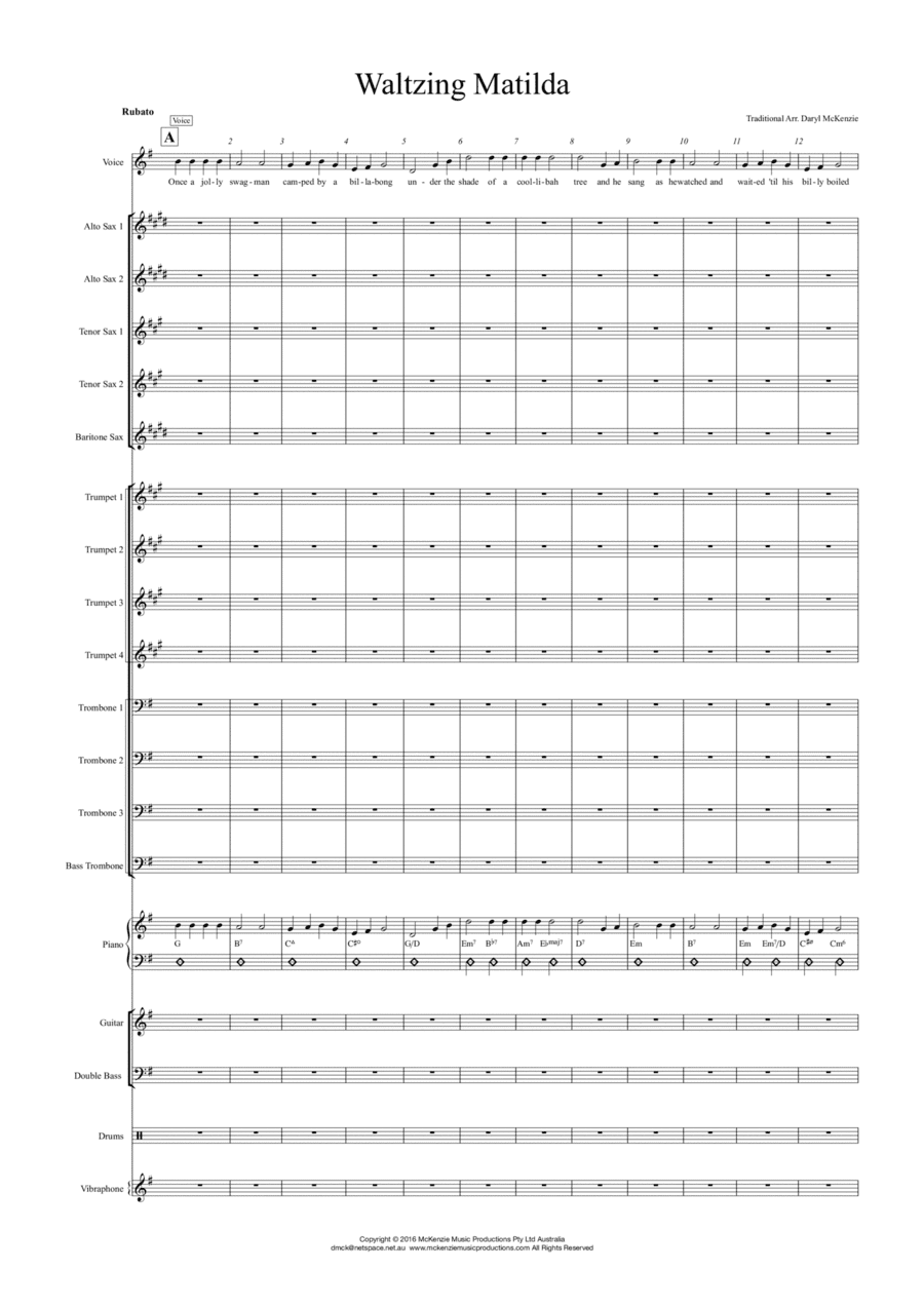 Waltzing Matilda - Voice with Big Band Key of G to Ab Swing version (arr. Daryl McKenzie)