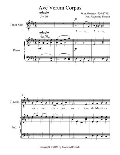Ave Verum Corpus Tenor Voice and Piano - Intermediate level (arr. Raymond Fenech)