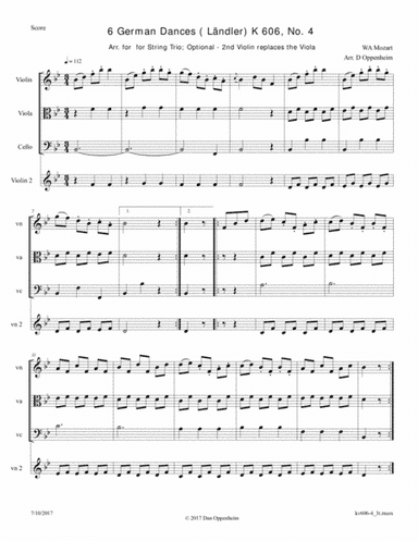 Mozart: 6 German Dances K 606 No. 4 arr. for String Trio; Optional - 2nd Violin replaces the Viola (arr. D Oppenheim)