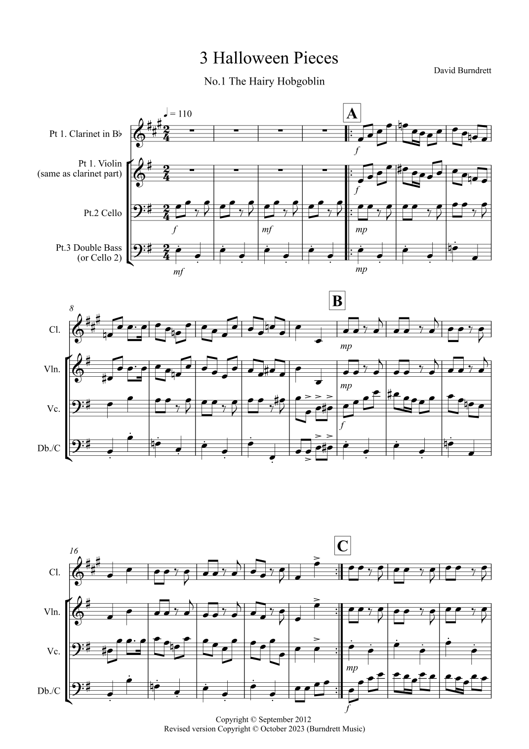 3 Halloween Pieces for Clarinet or Violin, Cello and Double Bass Trio