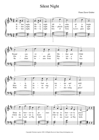 Silent Night Easy Piano Sheet Music Download with Lyrics in D Major (arr. Christina Lopriore)