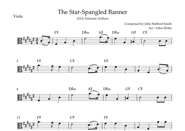 The Star Spangled Banner (USA National Anthem) for Viola Solo with Chords (F# Major) (arr. Fabio Britto)